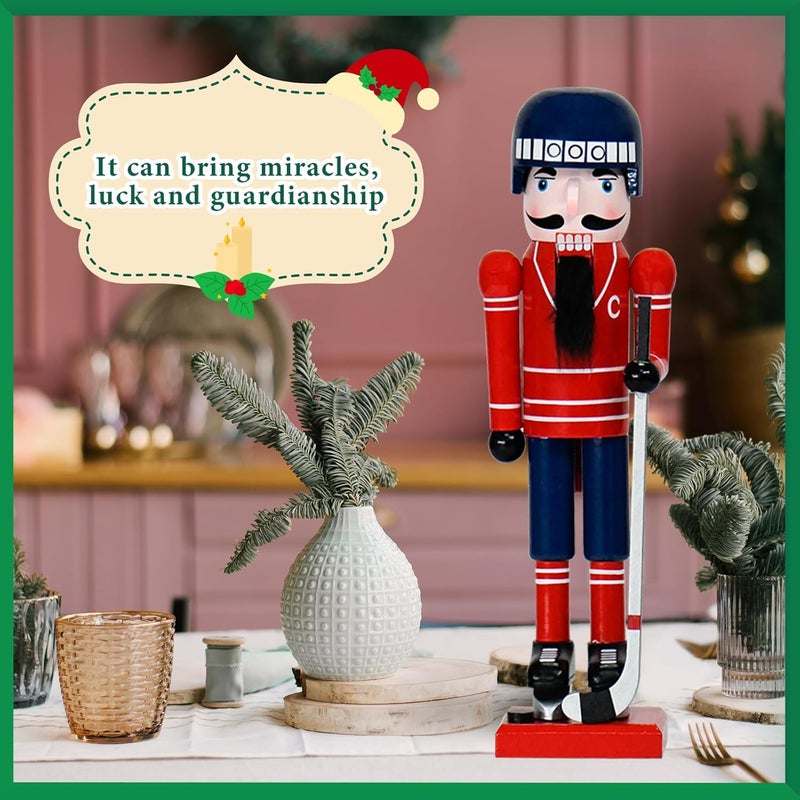 WVIOUOPU Ice Hockey Player Nutcracker Christmas Decorations - 14 Inch Handmade Wooden Figures with Hockey Stick Helmet Skates for Mantle Shelf Tabletop Home Christmas Holiday Ornaments Gifts - Image 2